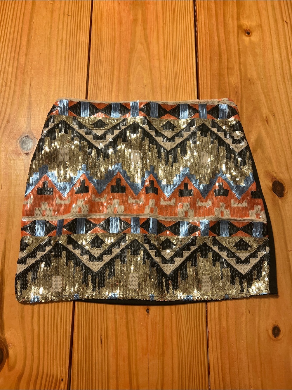 Forever 21 Gold Sequin Aztec Mini Skirt with Orange and Blue Accents